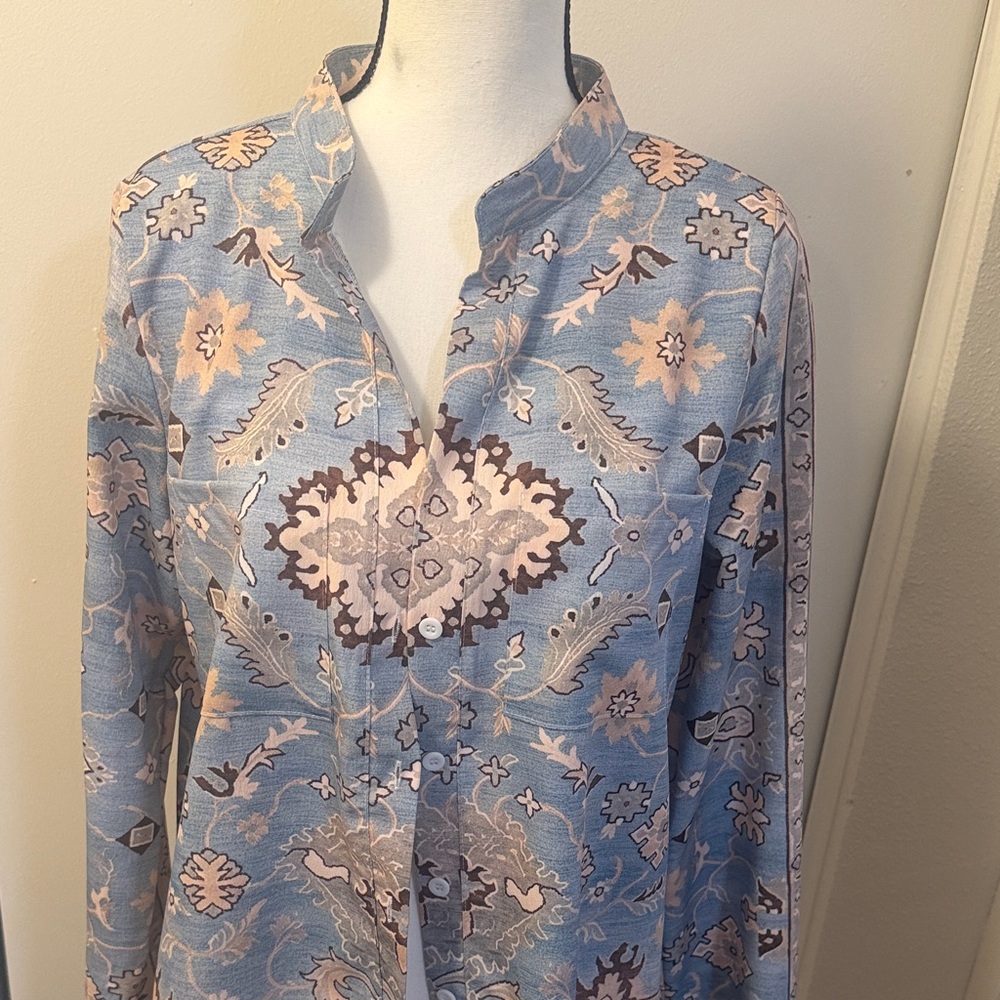 Blue and Tan , Brown Patterned Button-Up Shirt